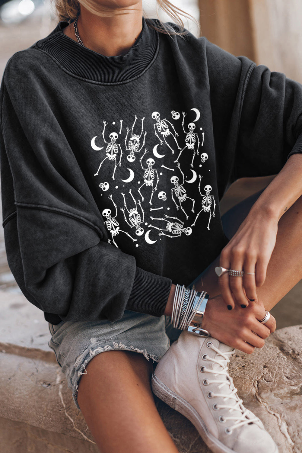Black Halloween Skeleton Print Drop Sleeve Pullover Sweatshirt Graphic Sweatshirts JT's Designer Fashion
