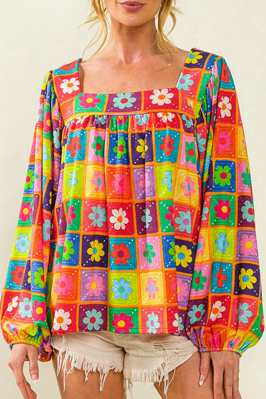 Multicolor Floral Crochet Square Neck Puff Sleeve Blouse Multicolor 95%Polyester+5%Elastane Blouses & Shirts JT's Designer Fashion