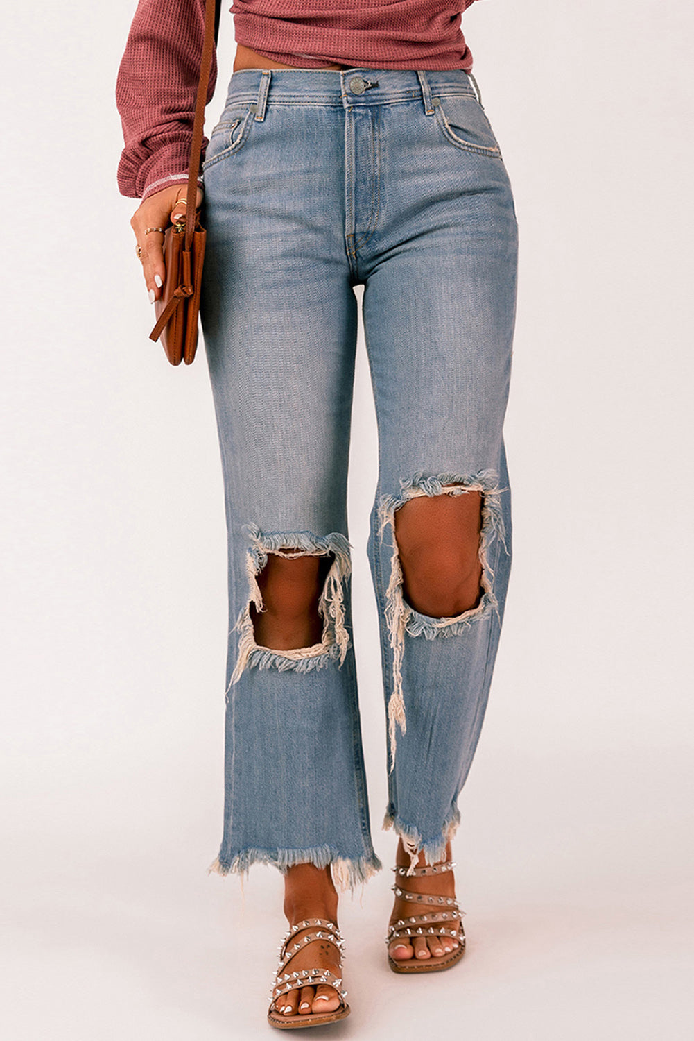Sky Blue Distressed Knee Holes Straight Leg Jeans Jeans JT's Designer Fashion