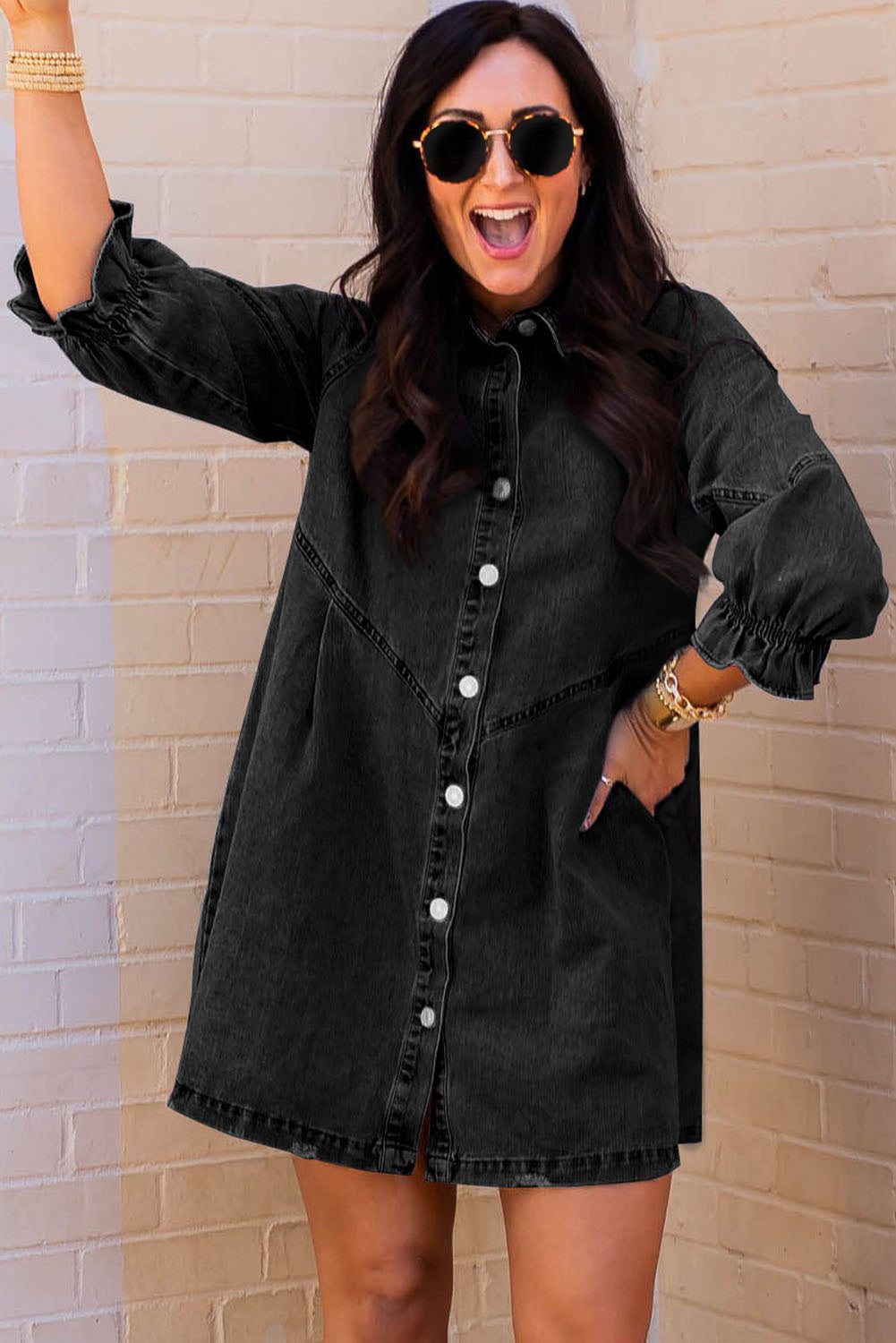 Black Buttoned Long Sleeve Denim Mini Dress Dresses JT's Designer Fashion