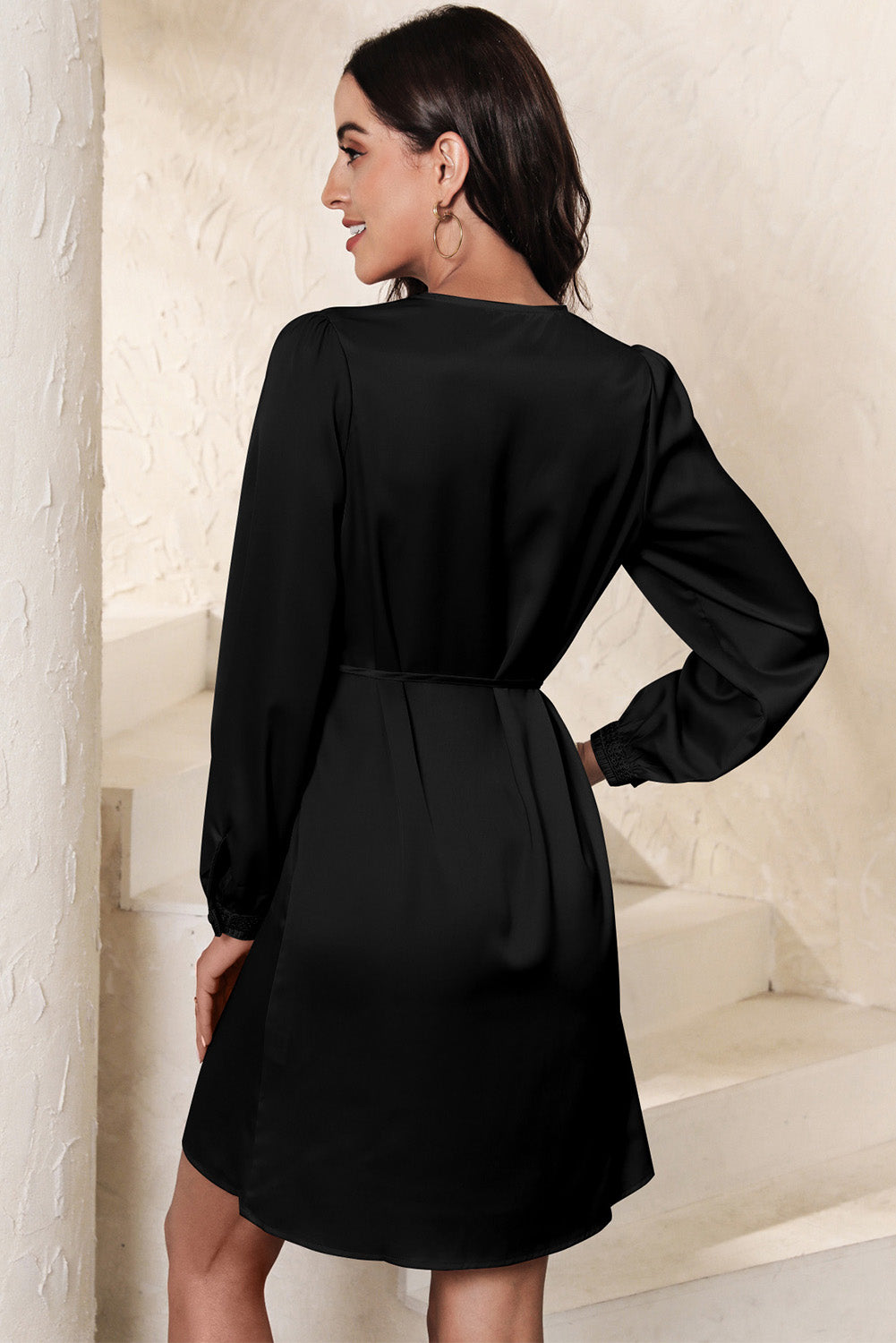 Black Lace Trim V Neck Tie Waist Long Sleeve Dress Mini Dresses JT's Designer Fashion