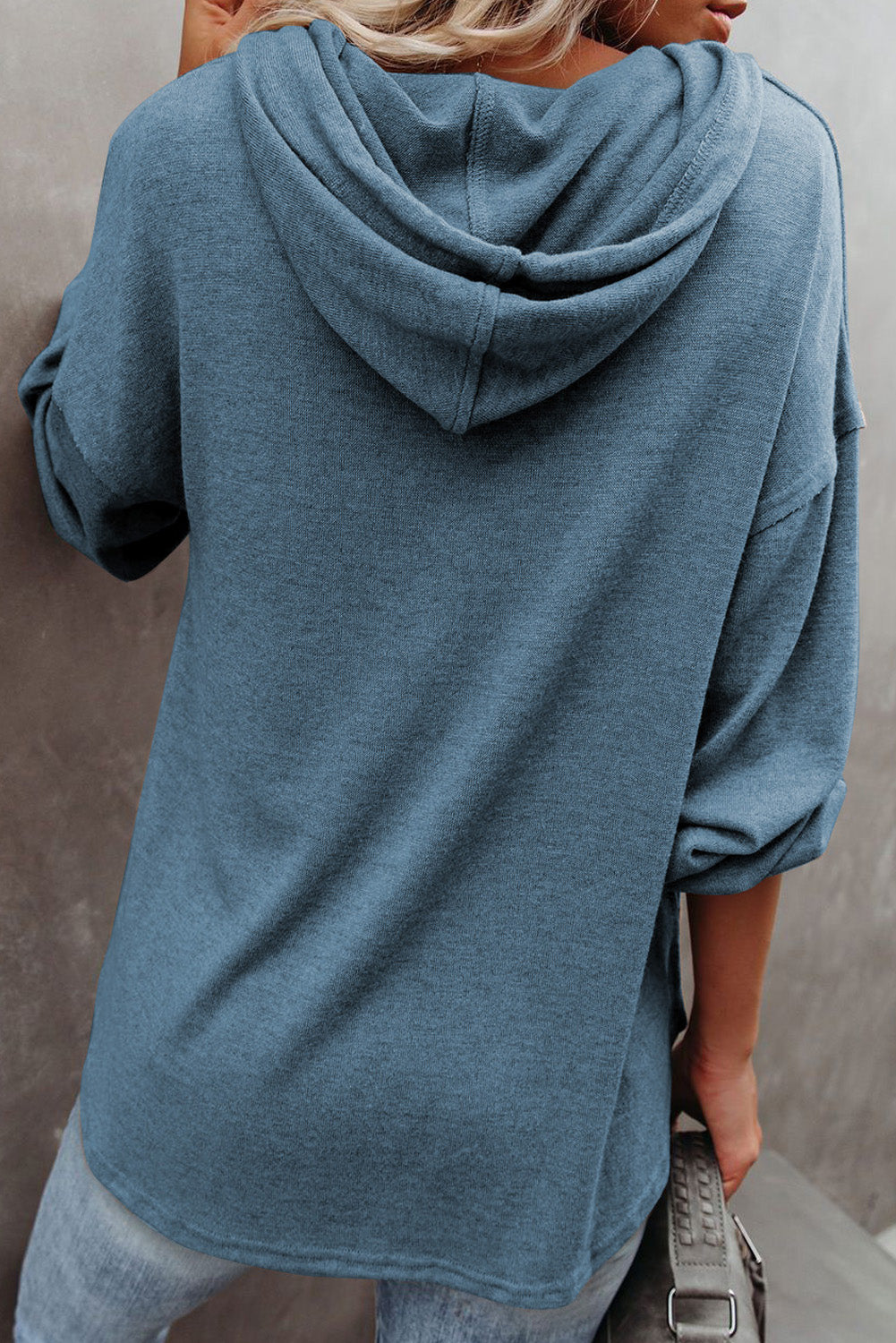 Sky Blue Buttoned High and Low Hem Hoodie Sweatshirts & Hoodies JT's Designer Fashion
