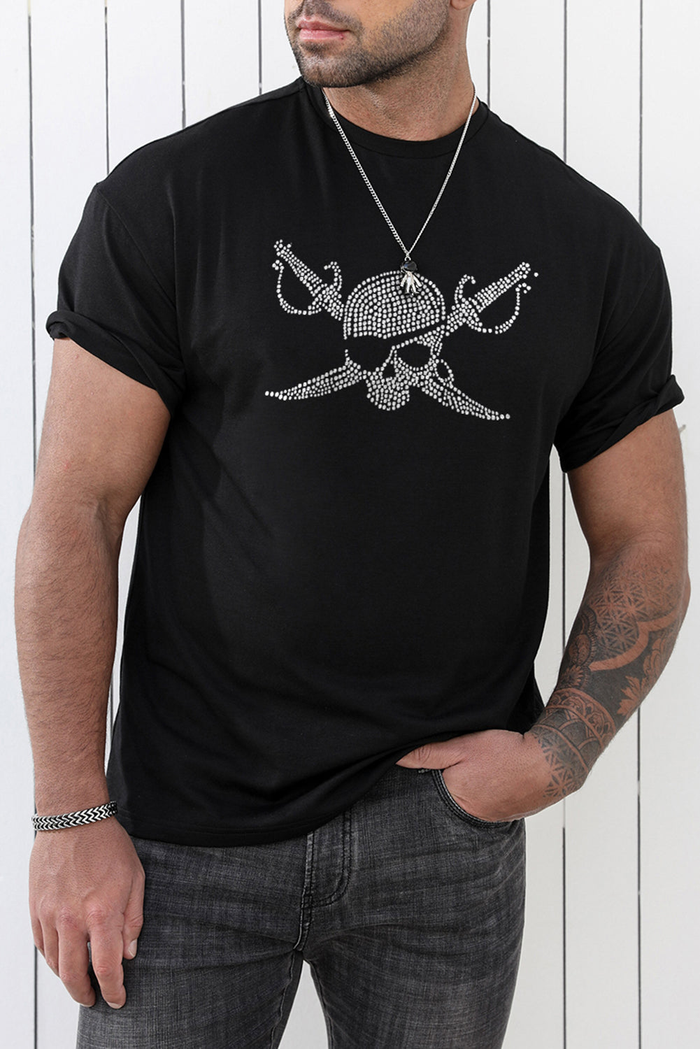 Black Pirate Skull Dot Plot Mens Short Sleeve T Shirt Black 62%Polyester+32%Cotton+6%Elastane Men's Tops JT's Designer Fashion