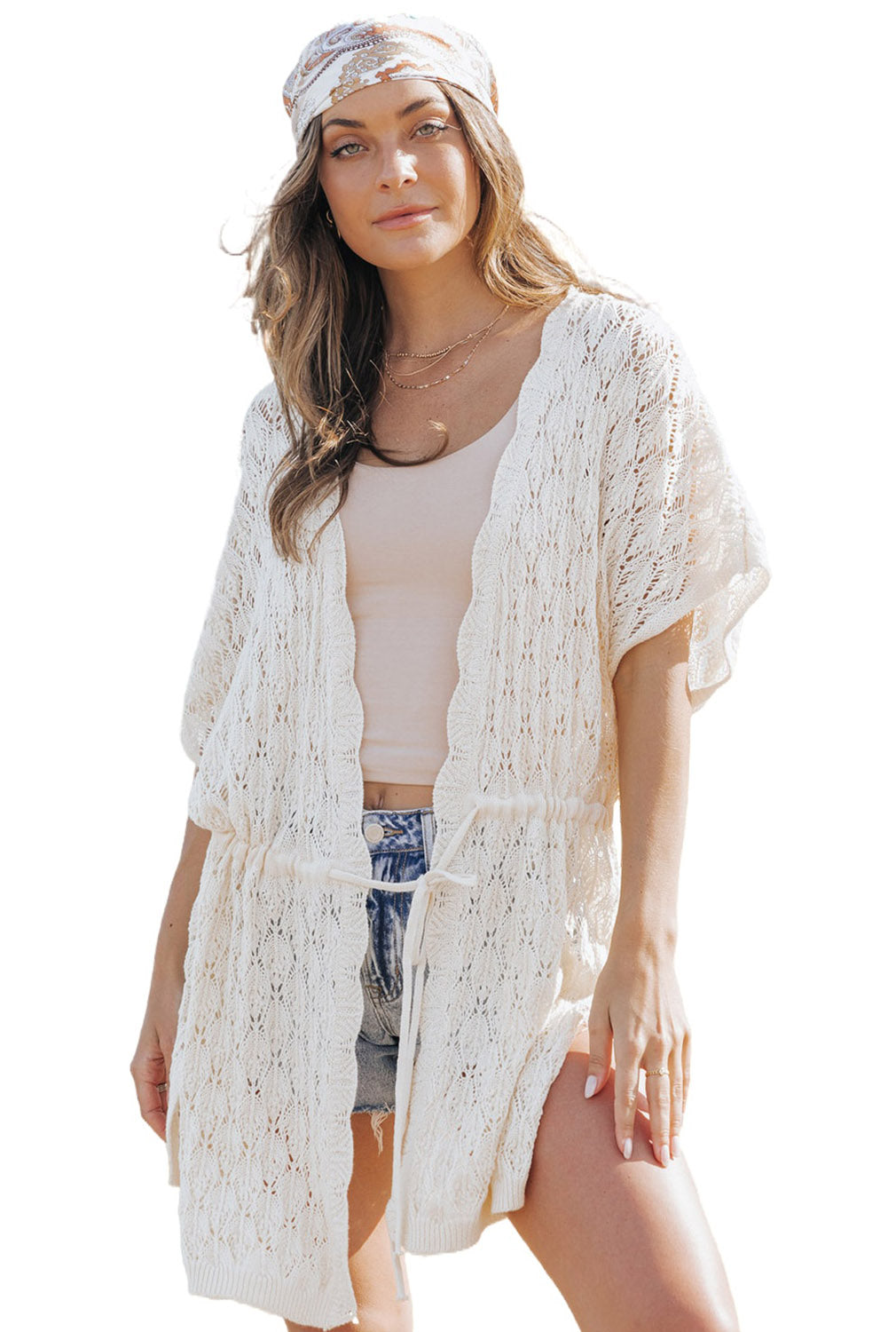 White Crochet Open Front Kimono with Slits Kimonos JT's Designer Fashion