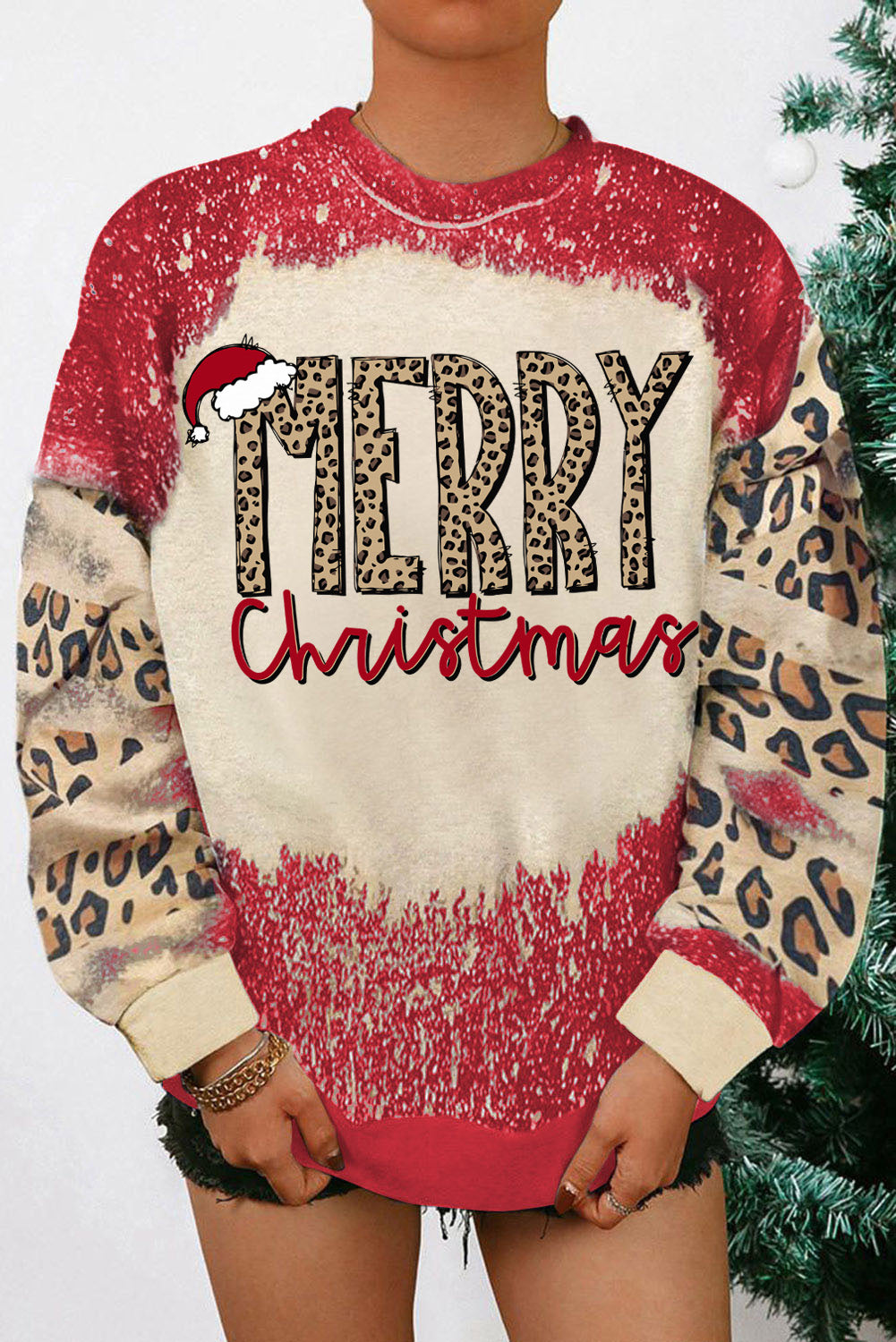 Red MERRY Christmas Leopard Color Block Sweatshirt Graphic Sweatshirts JT's Designer Fashion
