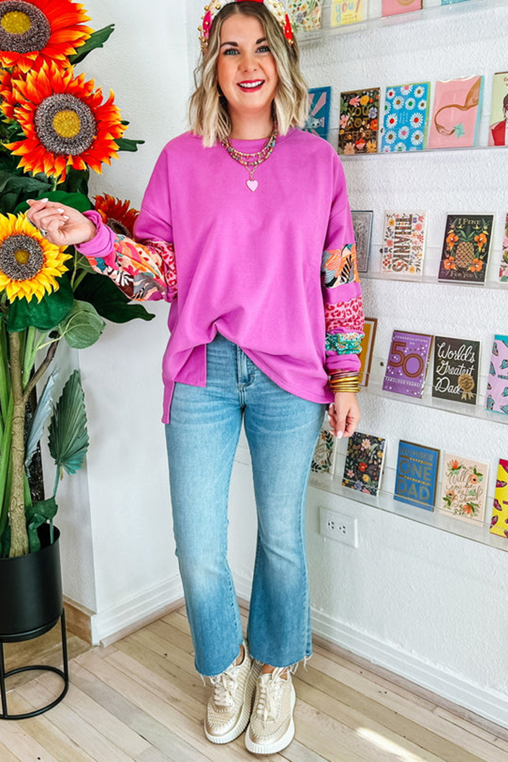 Bright Pink Floral Leopard Print Patch Sleeve Sweatshirt Pre Order Tops JT's Designer Fashion