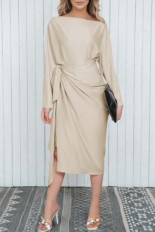 Apricot Satin Wrap Tie Side Boat Neck Long Sleeve Dress Apricot 90%Polyester+10%Elastane Evening Dresses JT's Designer Fashion