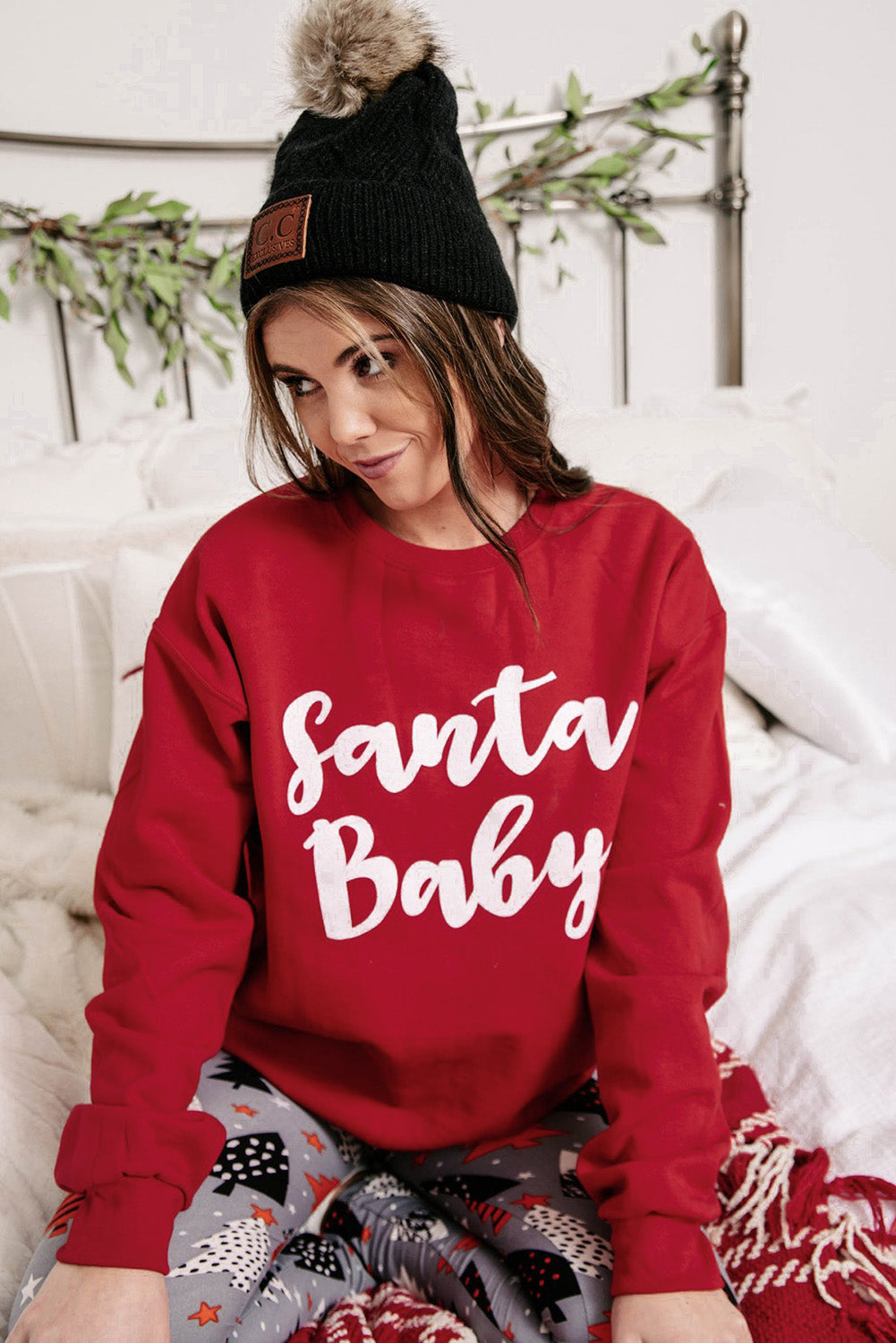 Fiery Red Santa Baby Print Crew Neck Pullover Sweatshirt Graphic Sweatshirts JT's Designer Fashion
