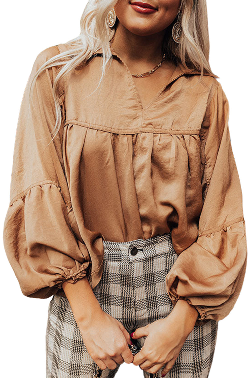 Brown Puff Sleeve Collared Pleated Babydoll Blouse Blouses & Shirts JT's Designer Fashion