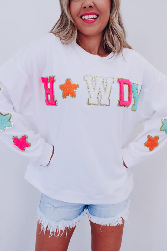 White Glitter Howdy Patch Graphic Casual Sweatshirt Pre Order Sweatshirts & Hoodies JT's Designer Fashion