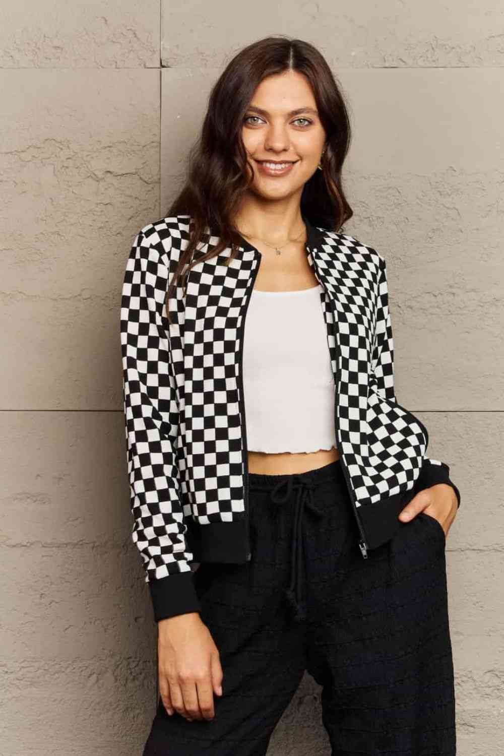 Ninexis Full Size Plaid Round Neck Long Sleeve Jacket Plaid Coats & Jackets JT's Designer Fashion