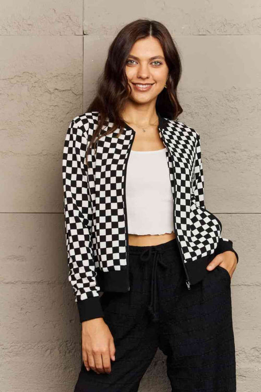 Ninexis Full Size Plaid Round Neck Long Sleeve Jacket Plaid Coats & Jackets JT's Designer Fashion