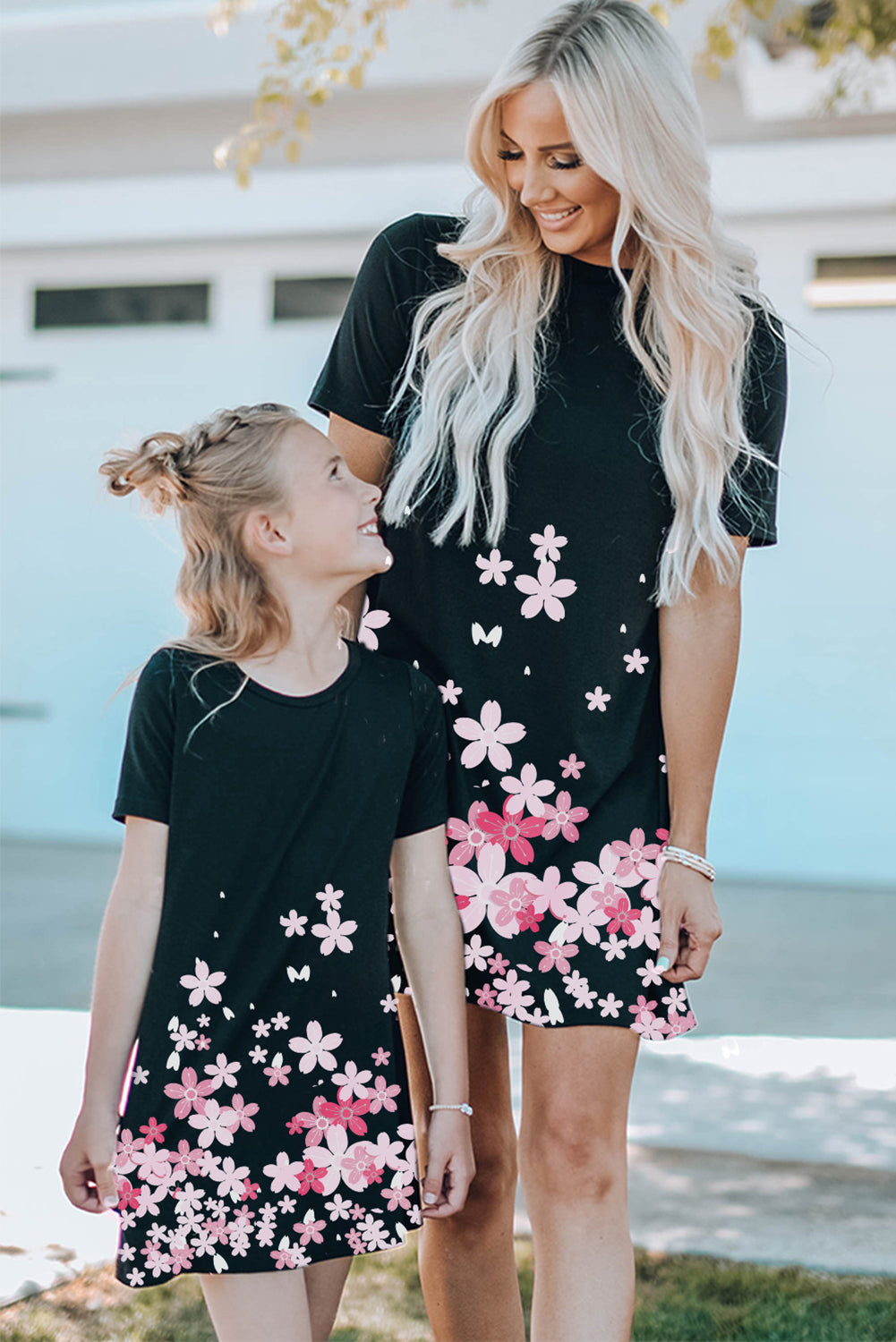 Black Family Matching Girl's Cherry Blossoms Print T Shirt Mini Dress Family Dress JT's Designer Fashion