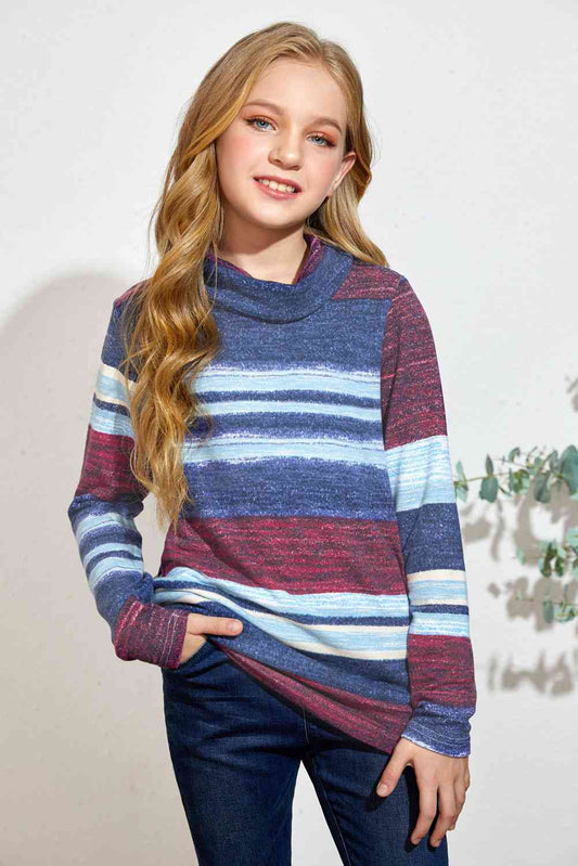 Girls Striped Cowl Neck Top with Pockets Blue/Magenta Girls Tops JT's Designer Fashion