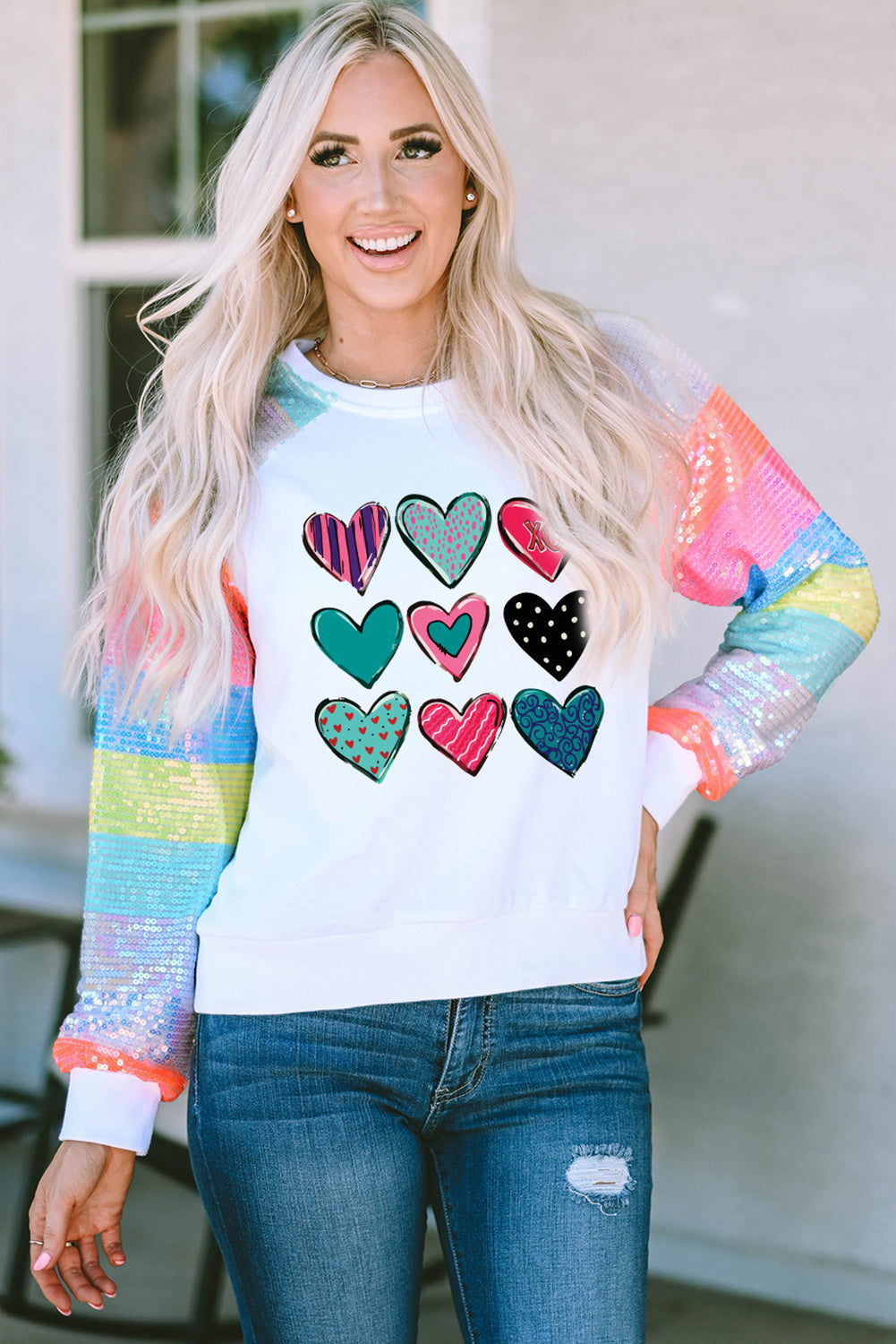 White Sequin Striped Raglan Sleeve Heart Print Sweatshirt Graphic Sweatshirts JT's Designer Fashion