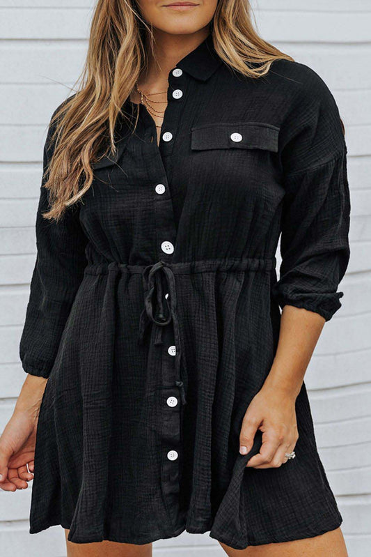 Black Plus Size Textured Drawstring Short Shirt Dress Plus Size JT's Designer Fashion