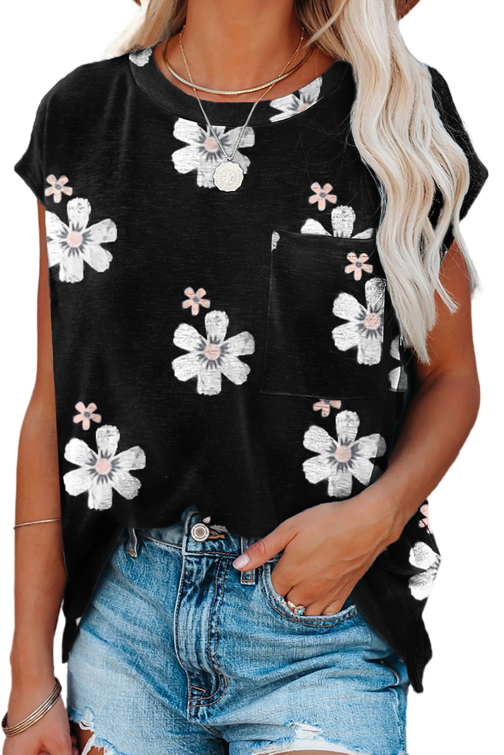 Black Floral Cap Sleeve T-Shirt with Pocket Tops & Tees JT's Designer Fashion