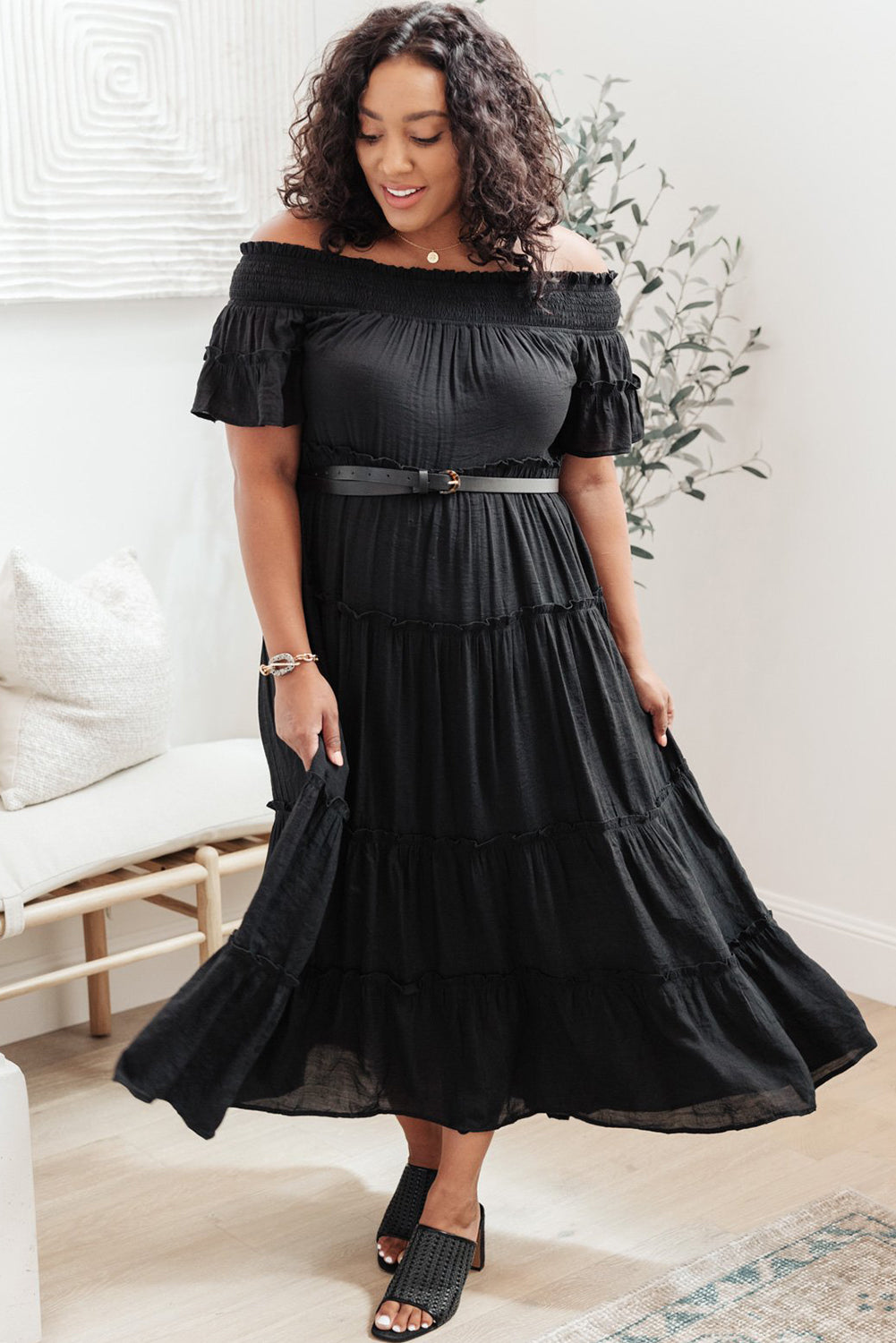 Black Plus Size Smocked Off Shoulder Frill Tiered Maxi Dress Plus Size Dresses JT's Designer Fashion