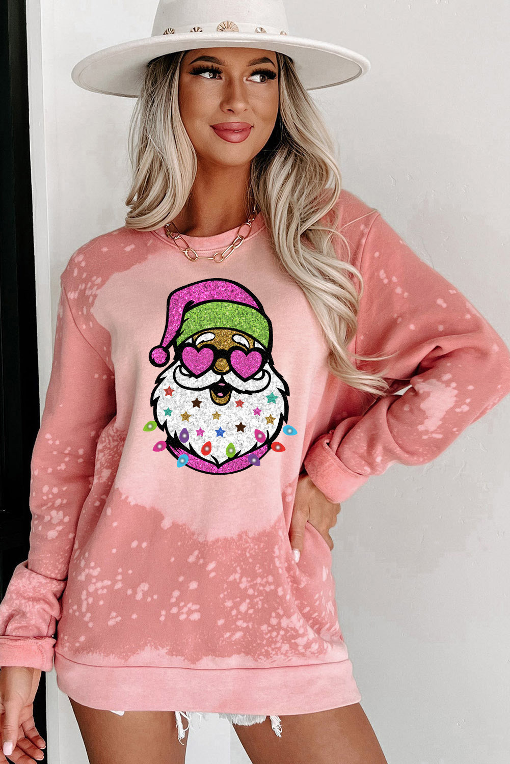 Pink Tie Dye Santa Claus Graphic Pullover Sweatshirt Graphic Sweatshirts JT's Designer Fashion