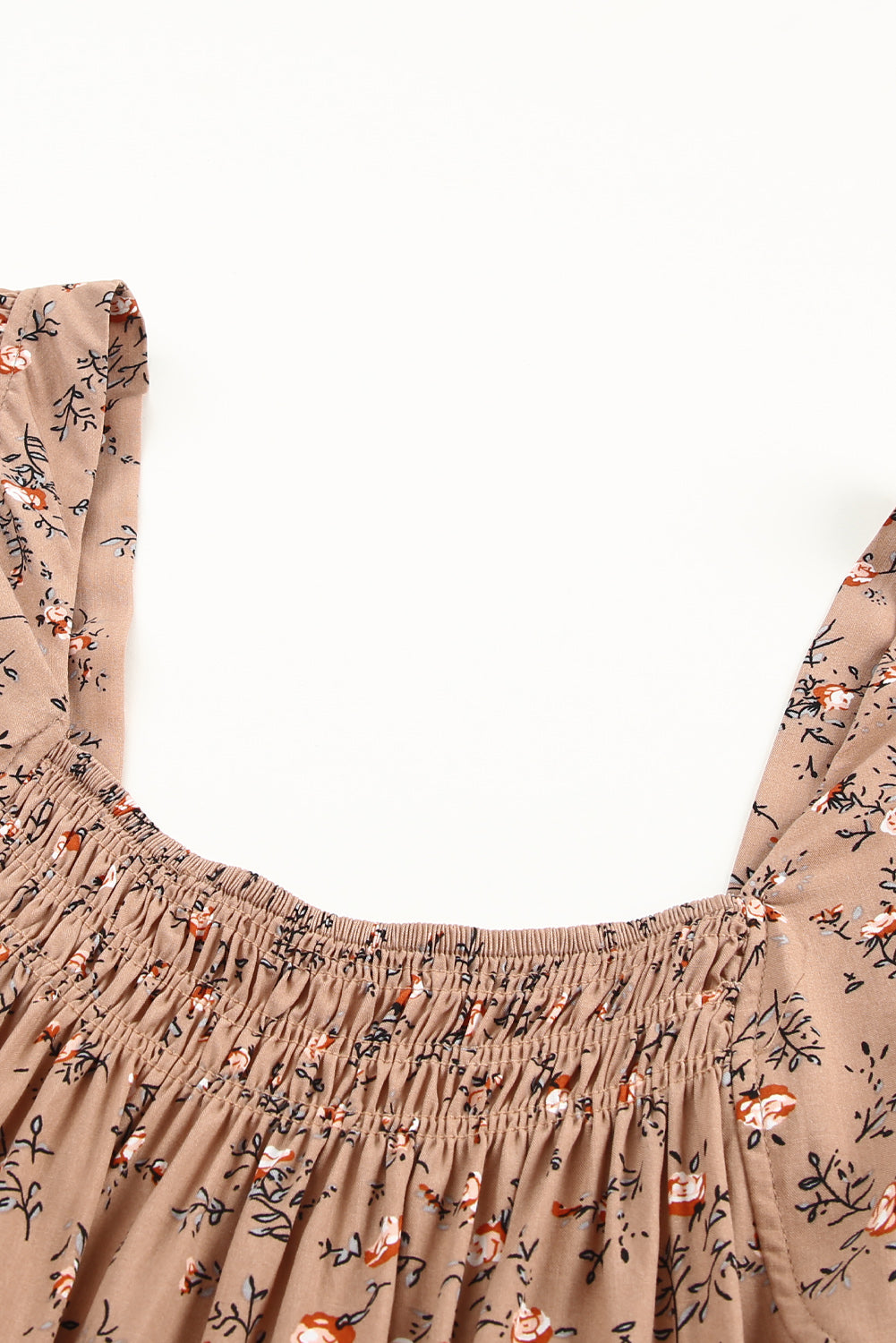 Khaki Floral Print Smocked Flounce Sleeveless Top Tank Tops JT's Designer Fashion