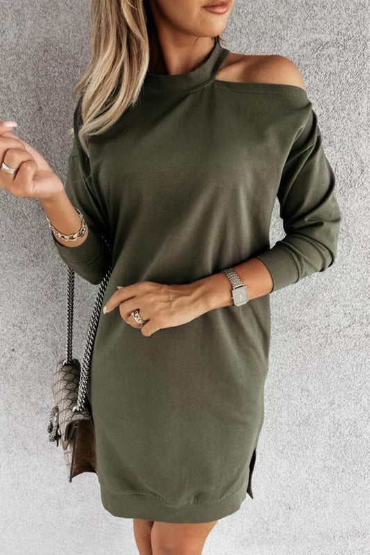 Green Single Cold Shoulder Loose T-shirt Dress Dresses JT's Designer Fashion