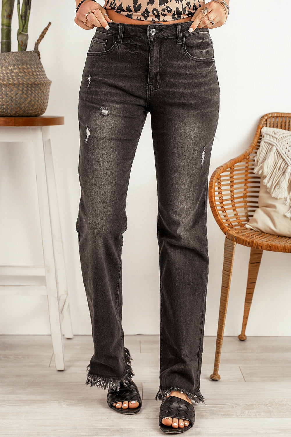 Black Raw Hem Straight Leg Jeans Black 72%cotton+26%Polyester+2%Elastane Jeans JT's Designer Fashion