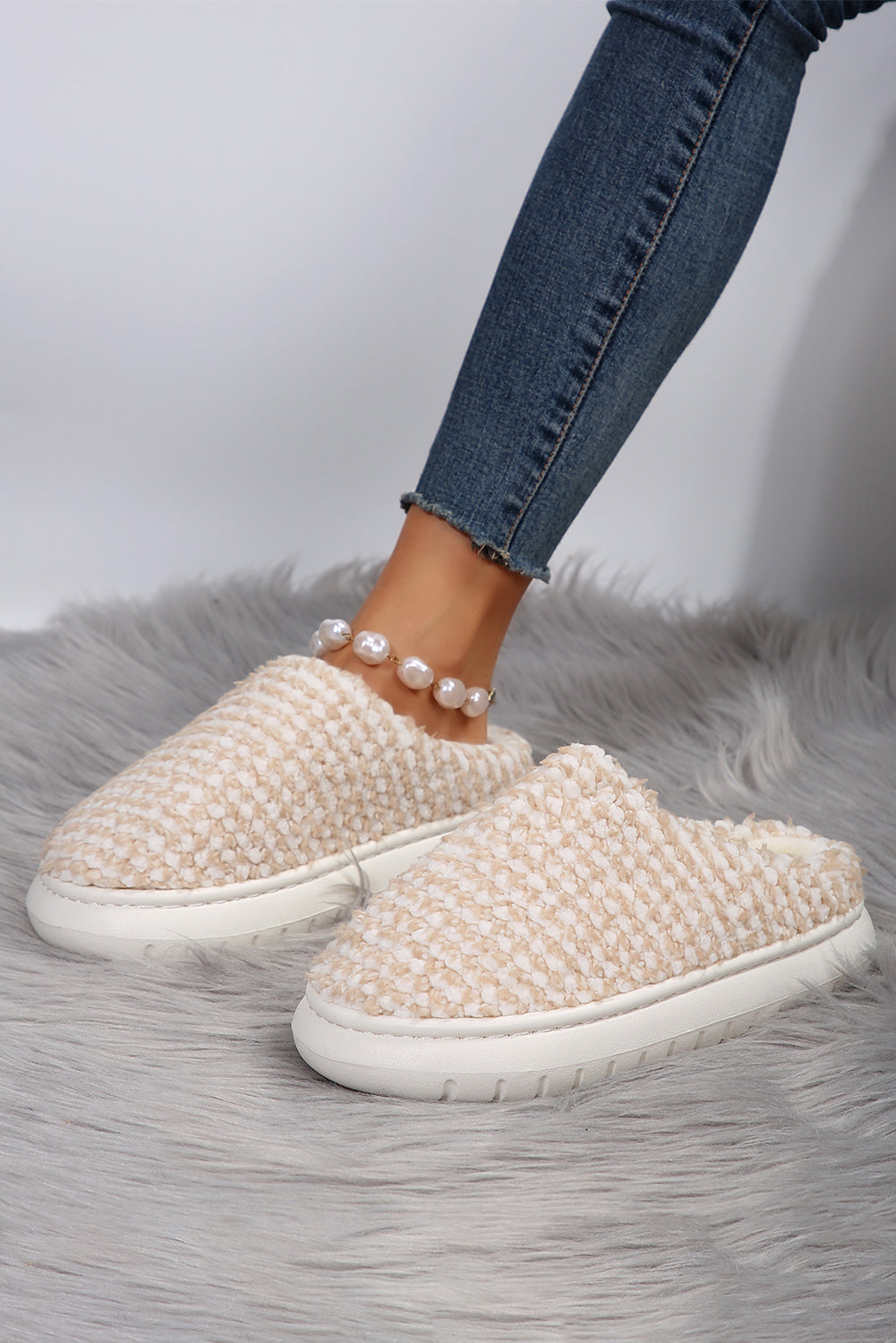 Apricot khaki Two-tone Knitted Warm Homewear Slippers Slippers JT's Designer Fashion