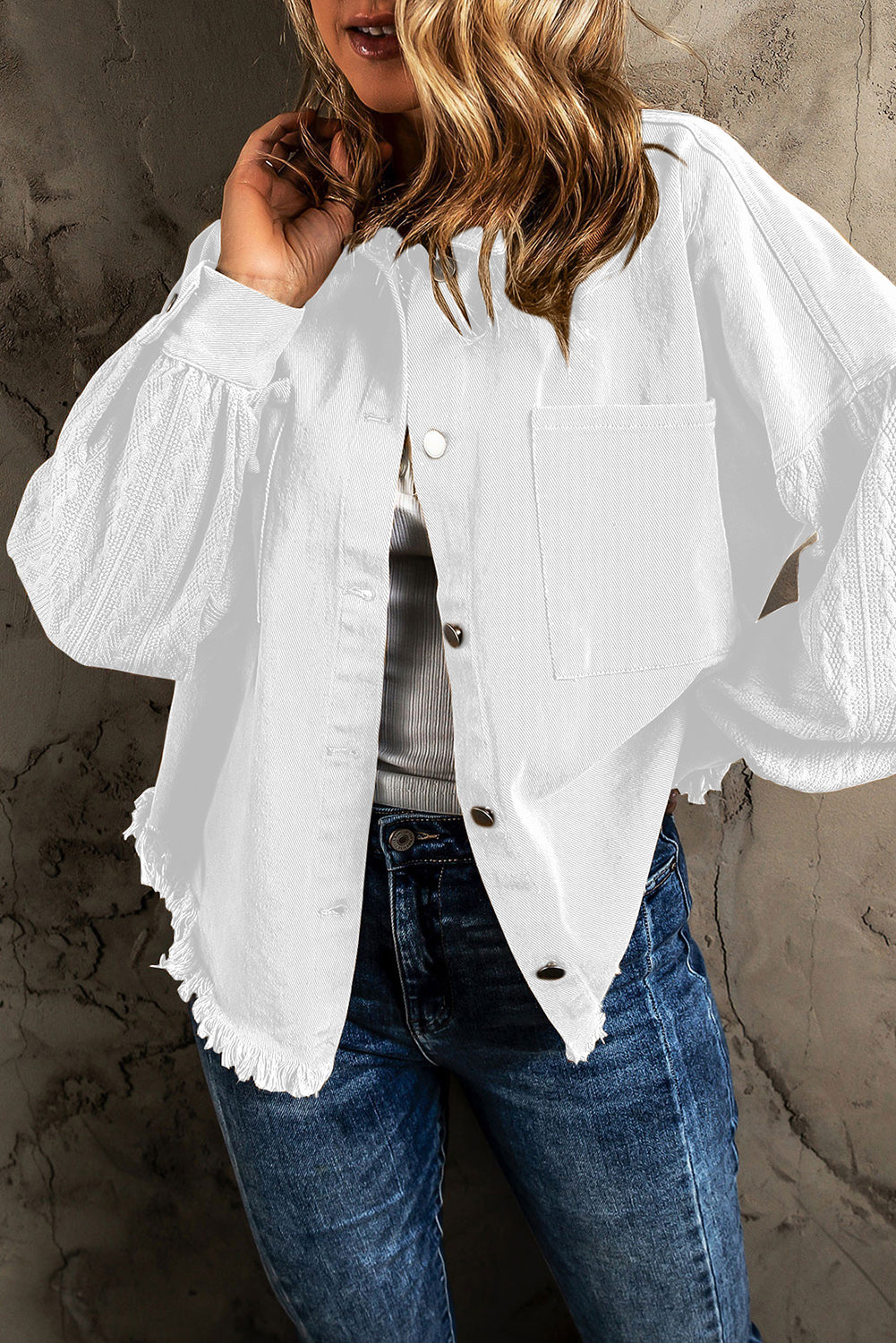 Bright White Textured Knit Sleeves Patchwork Raw Hem Denim Jacket Outerwear JT's Designer Fashion