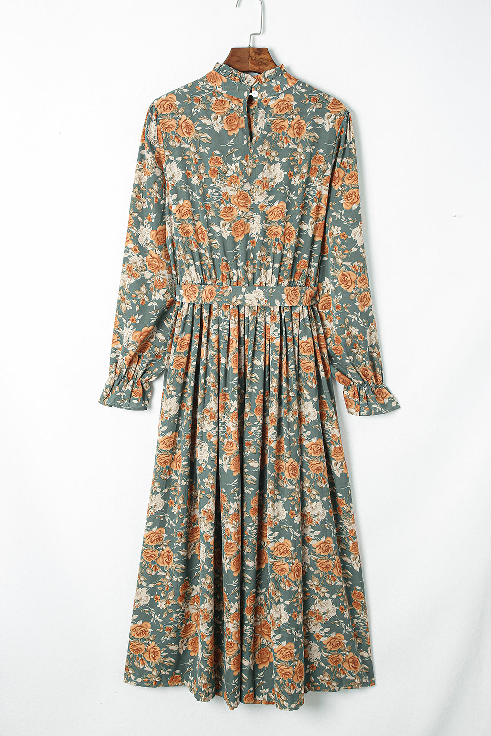 Green Pleated Long Sleeve Maxi Floral Dress with Tie Floral Dresses JT's Designer Fashion