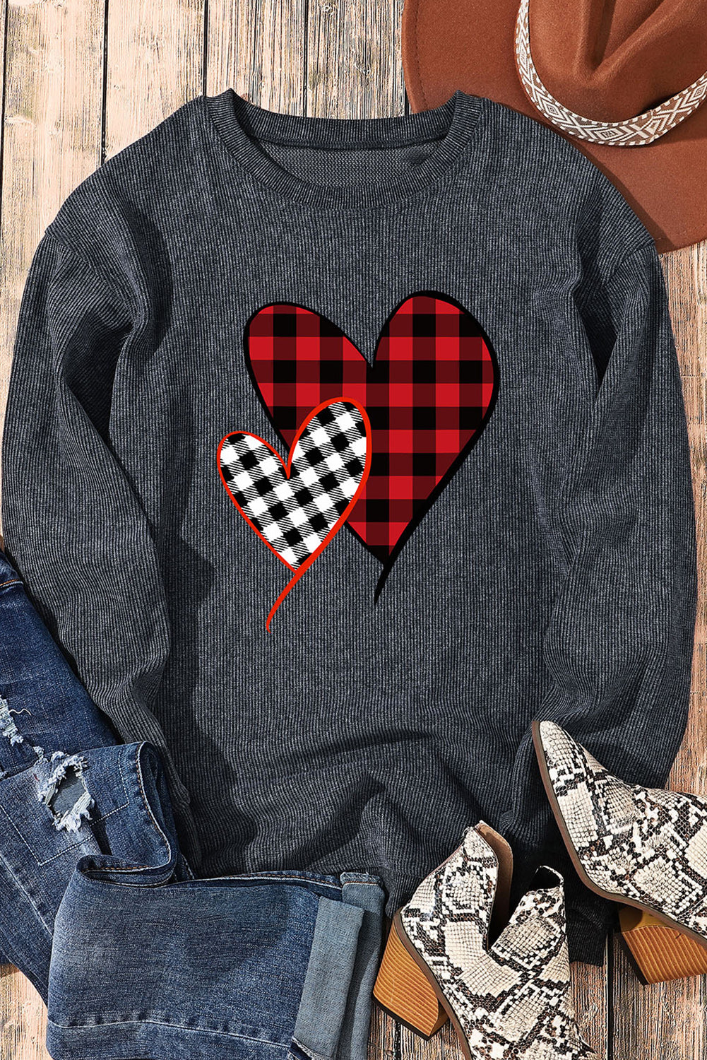 Gray Plaid Heart Print Corded Sweatshirt Graphic Sweatshirts JT's Designer Fashion