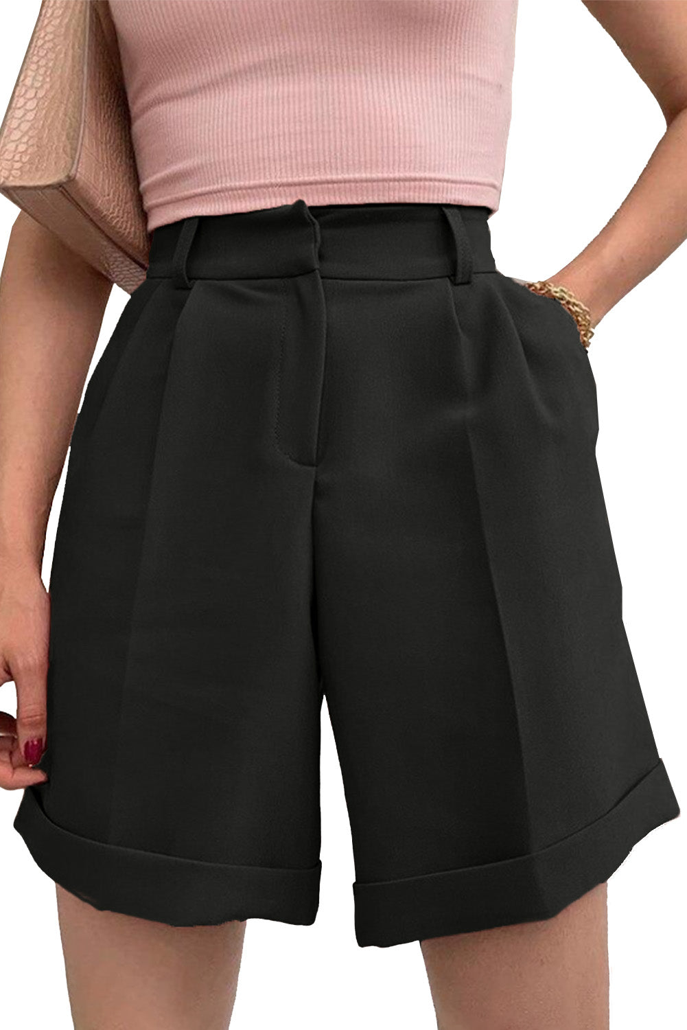 Black Casual Pocketed High Waist Bermuda Shorts Casual Shorts JT's Designer Fashion