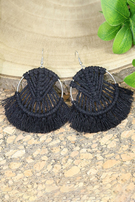 Black Crochet Tassel Fan-shaped Drop Earrings Jewelry JT's Designer Fashion