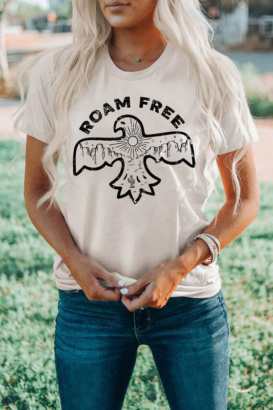 White ROAM FREE Bird Graphic Print Short Sleeve T Shirt White 95%Cotton+5%Elastane Graphic Tees JT's Designer Fashion