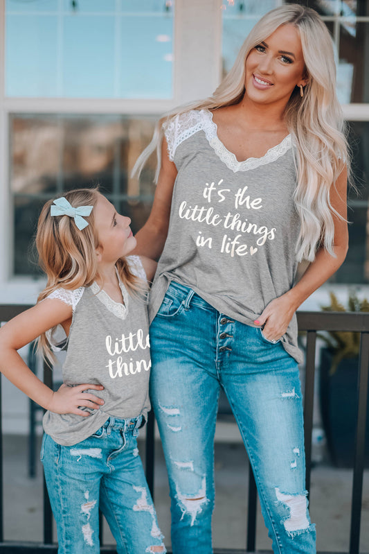 Gray It's The Little Things In Life Lace Patchwork Short Sleeve T Shirt Gray 95%Polyester+5%Spandex Family T-shirts JT's Designer Fashion