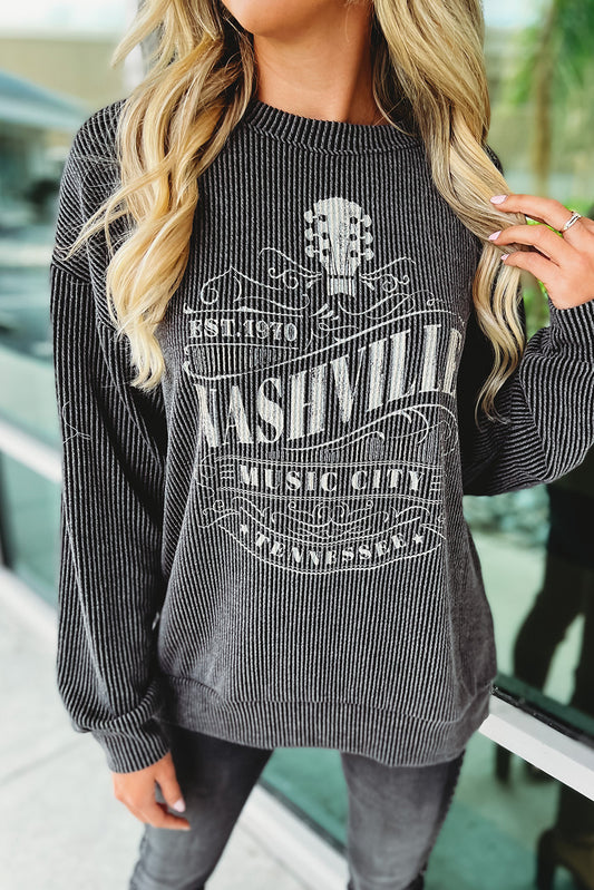 Black NASHVILLE MUSIC CITY Corded Graphic Sweatshirt Pre Order Sweatshirts & Hoodies JT's Designer Fashion