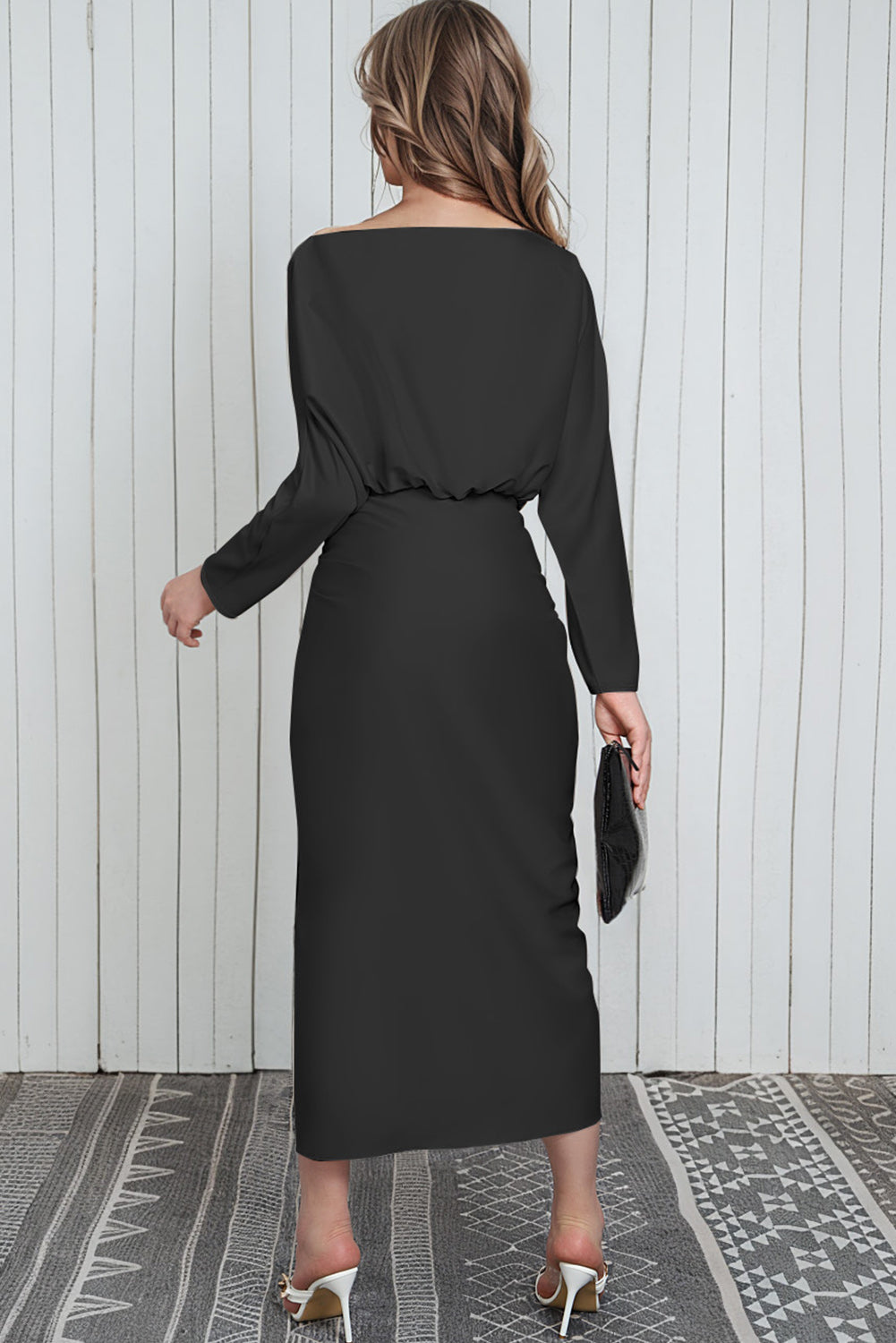 Black Satin Wrap Tie Side Boat Neck Long Sleeve Dress Evening Dresses JT's Designer Fashion