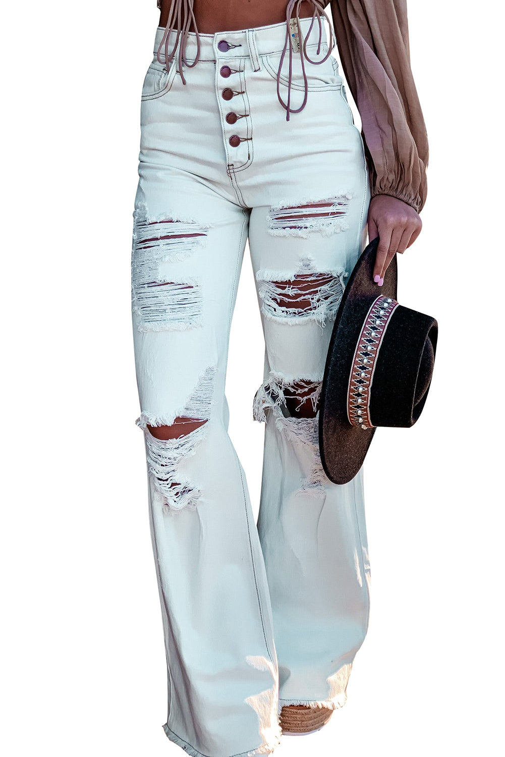 White Light Washed Distressed Slits Button Fly Flare Jeans Jeans JT's Designer Fashion
