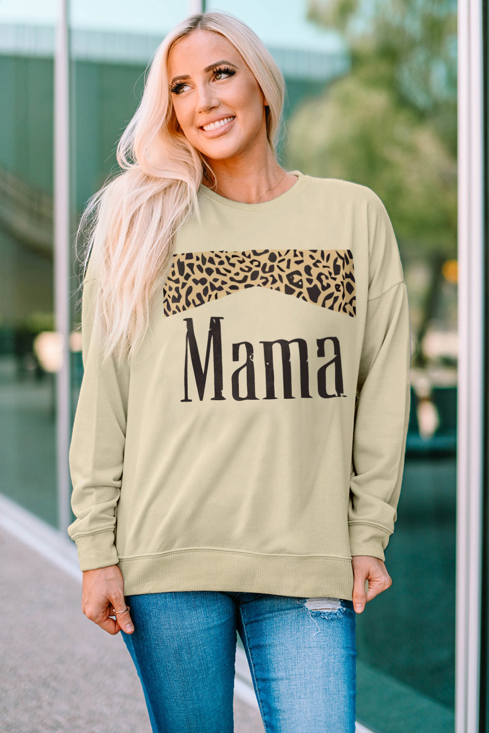 Khaki Mama Leopard Print Crewneck Pullover Sweatshirt Graphic Sweatshirts JT's Designer Fashion