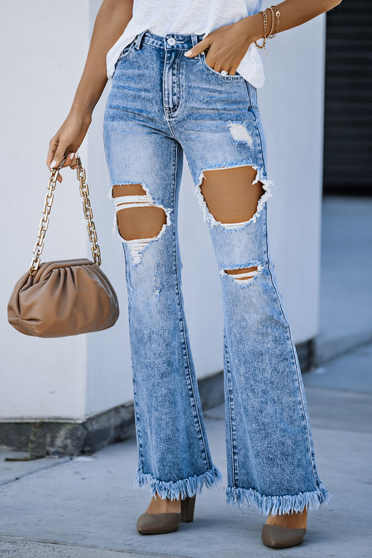 Sky Blue Distressed Damage Holes Raw Flare Leg Jeans Jeans JT's Designer Fashion