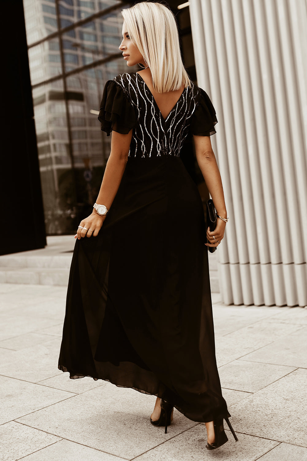 Black V-Neck Ruffle Sleeve Sequin Panel Dress Sequin Dresses JT's Designer Fashion