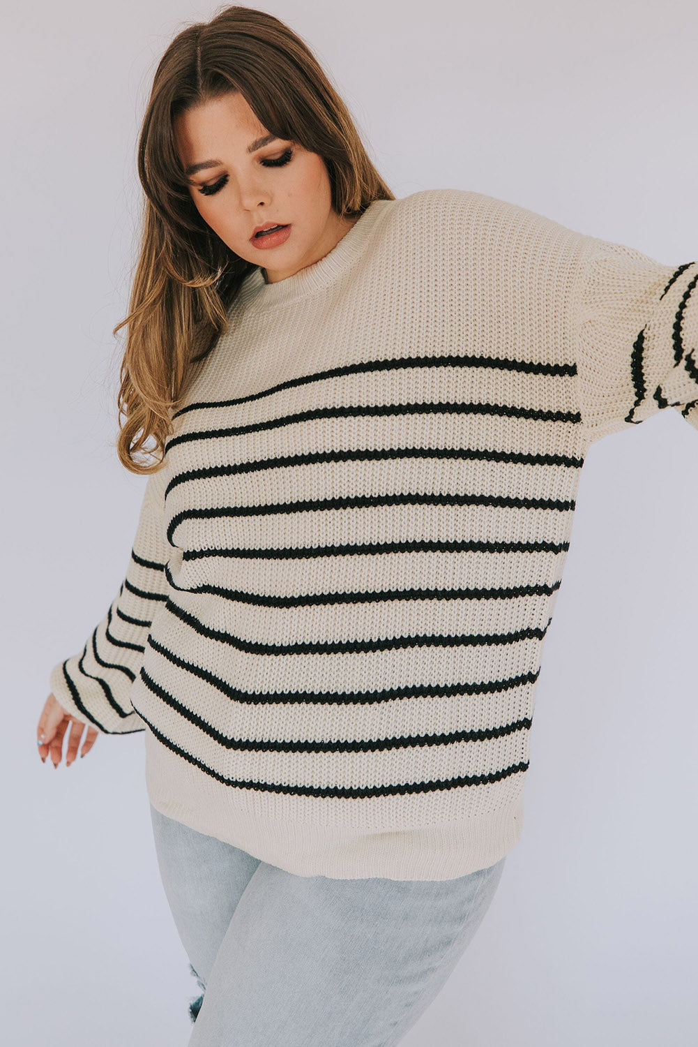 Khaki Plus Size Striped Drop Shoulder Puff Sleeve Sweater Plus Size JT's Designer Fashion
