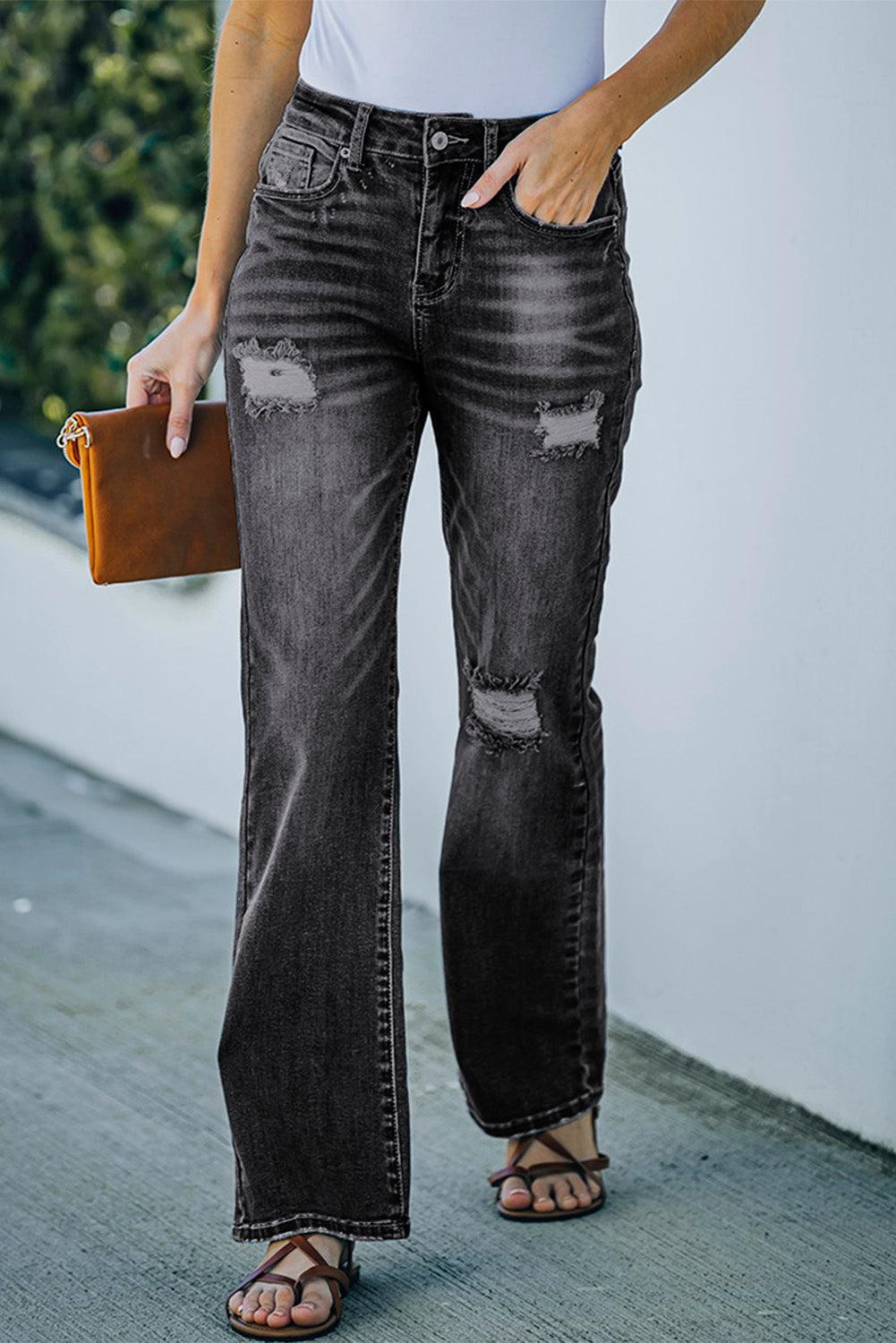 Black High Rise Washed Distressed Flare Jeans Black 98%Cotton+2%Elastane Jeans JT's Designer Fashion