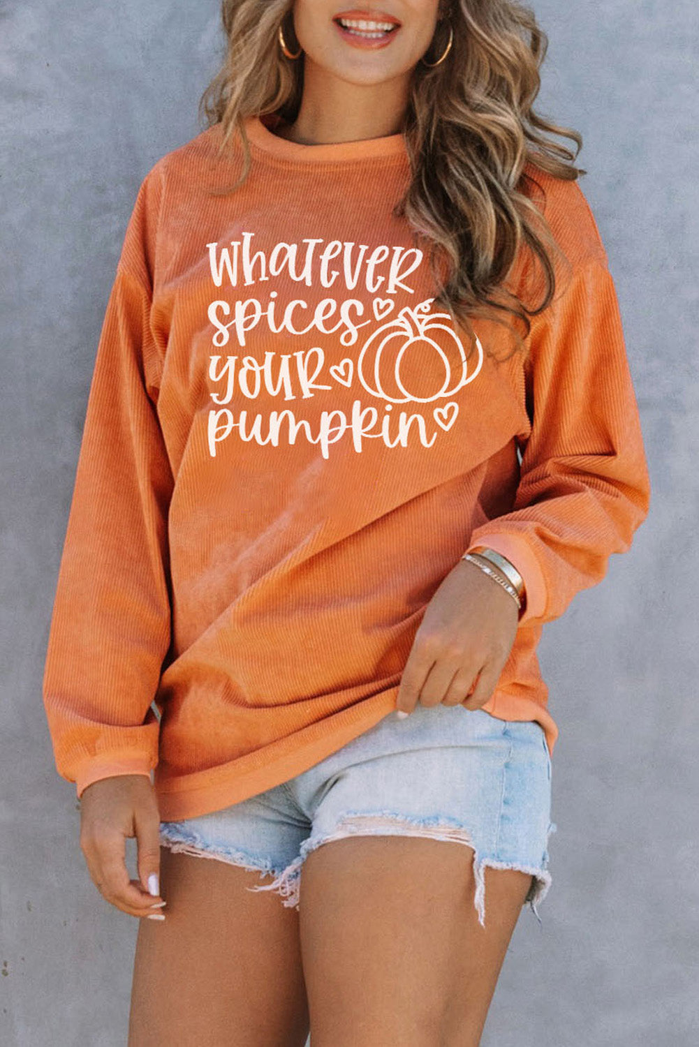 Orange Pumpkin Letter Print Oversized Corduroy Sweatshirt Graphic Sweatshirts JT's Designer Fashion