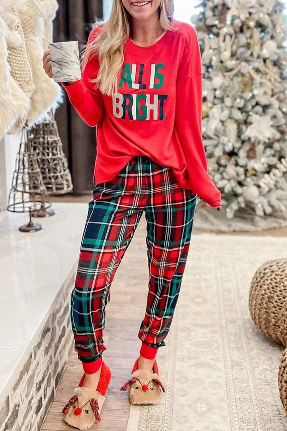 Multicolor ALL IS BRIGHT Graphic Christmas Plaid Pajamas Set Pre Order Loungewear JT's Designer Fashion