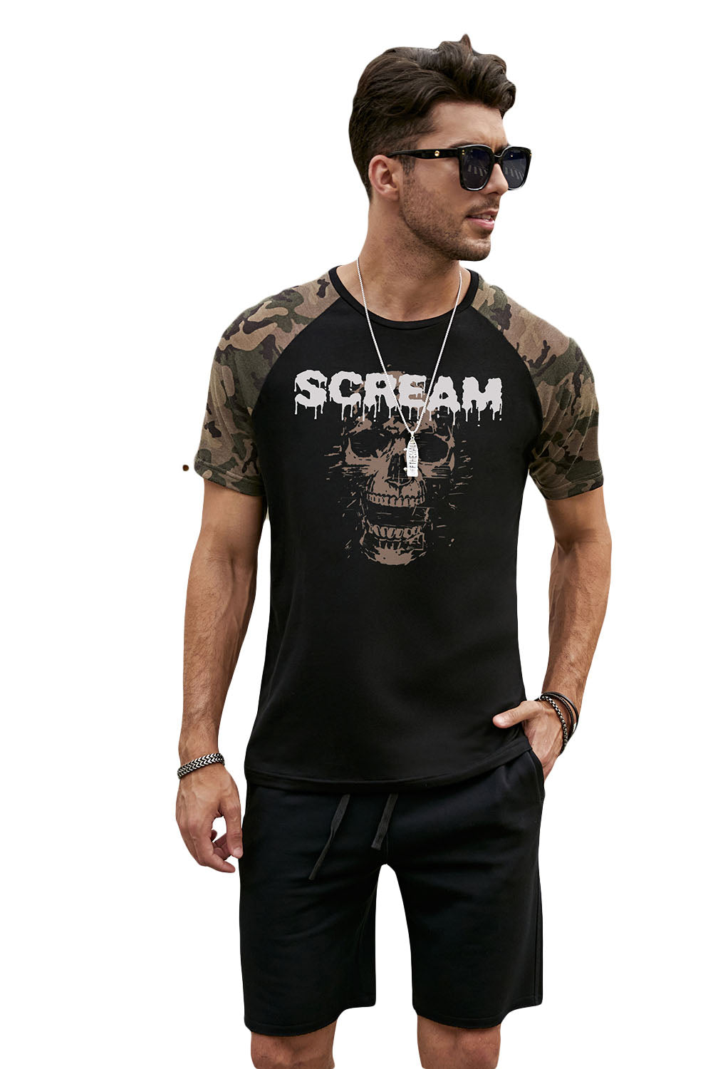 Black SCREAM Skull Camo Print Raglan Sleeve Men's Graphic Tee Men's Tops JT's Designer Fashion