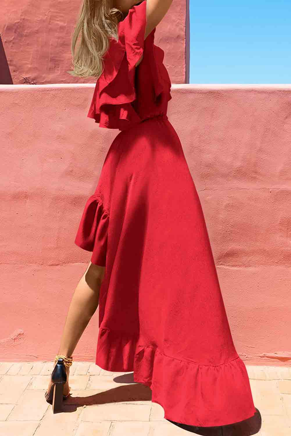 Red Single Shoulder Ruffle High Low Maxi Dress Dresses JT's Designer Fashion