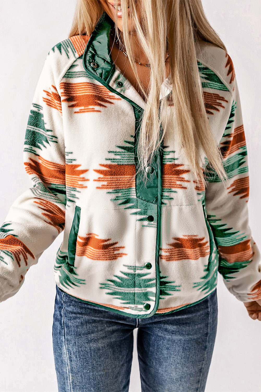 Multicolour Western Aztec Snap Buttoned Fleece Jacket Outerwear JT's Designer Fashion