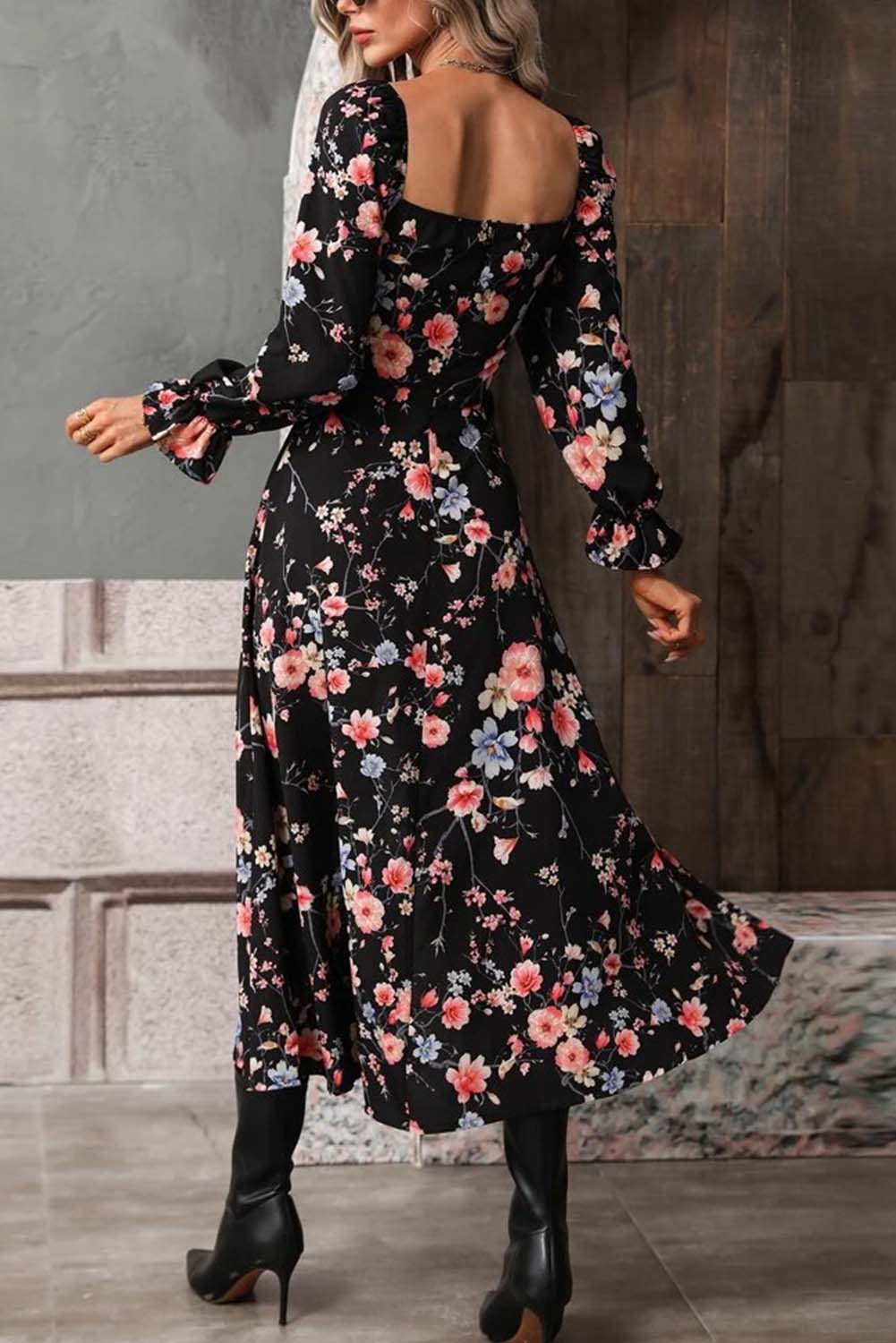 Black Floral Square Neck Long Sleeve High Split Dress Dresses JT's Designer Fashion