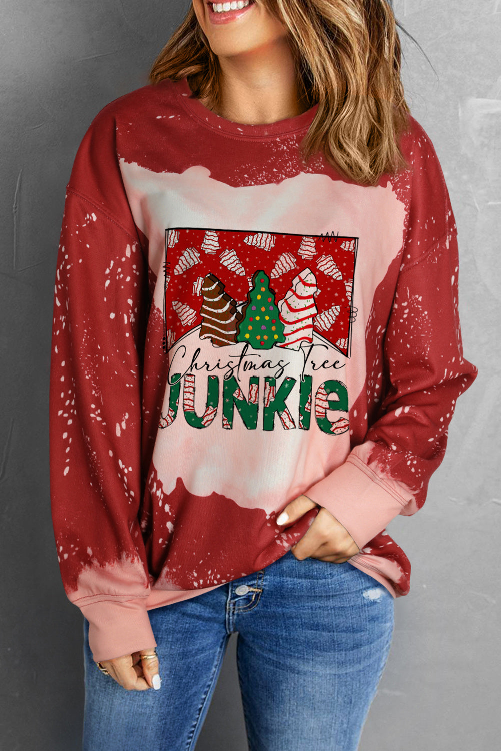 Racing Red JUNKLE Christmas Tree Tie Dye Print Pullover Sweatshirt Graphic Sweatshirts JT's Designer Fashion