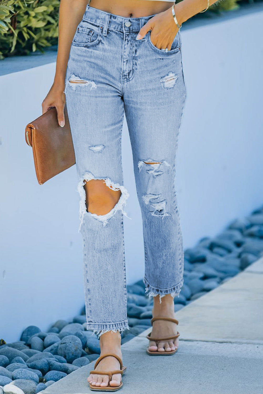 Light Blue Distressed Holes Straight Jeans Jeans JT's Designer Fashion